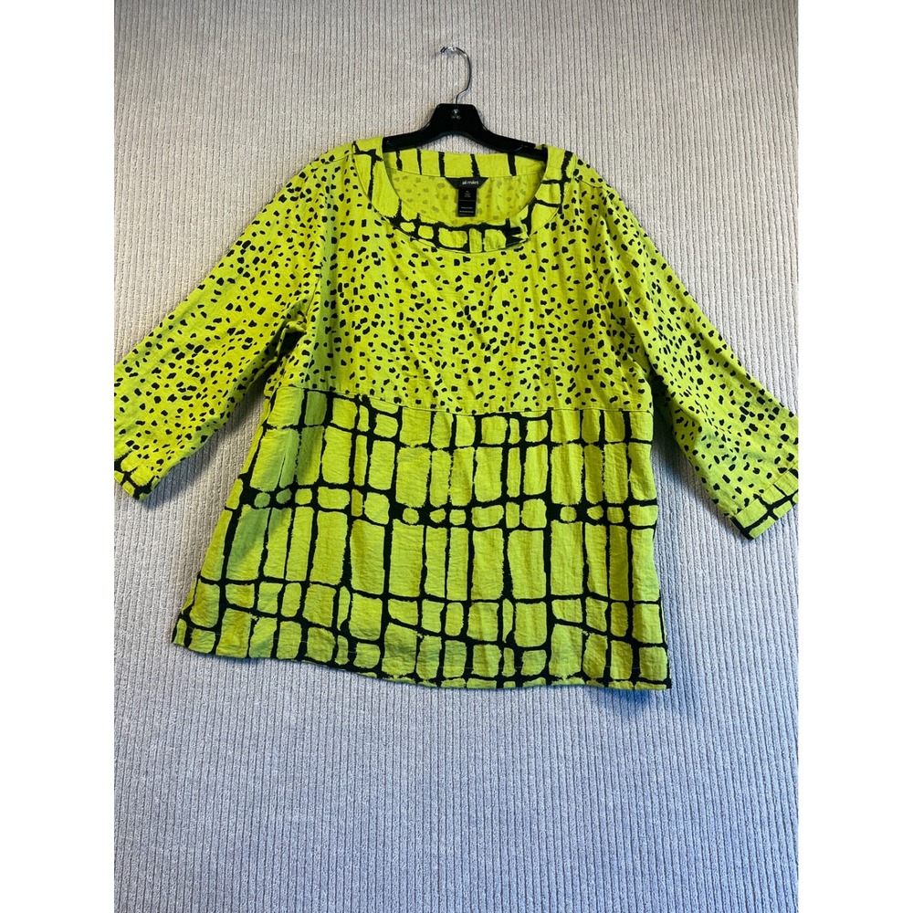 Ali Miles Top Womens XL Lime Green Neon Abstract Geometric 3/4 Sleeve Artsy